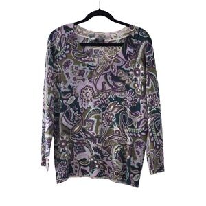 TALBOTS Pure Womens Italian Merino Wool Sweater Floral Purple Paisley Top V Neck